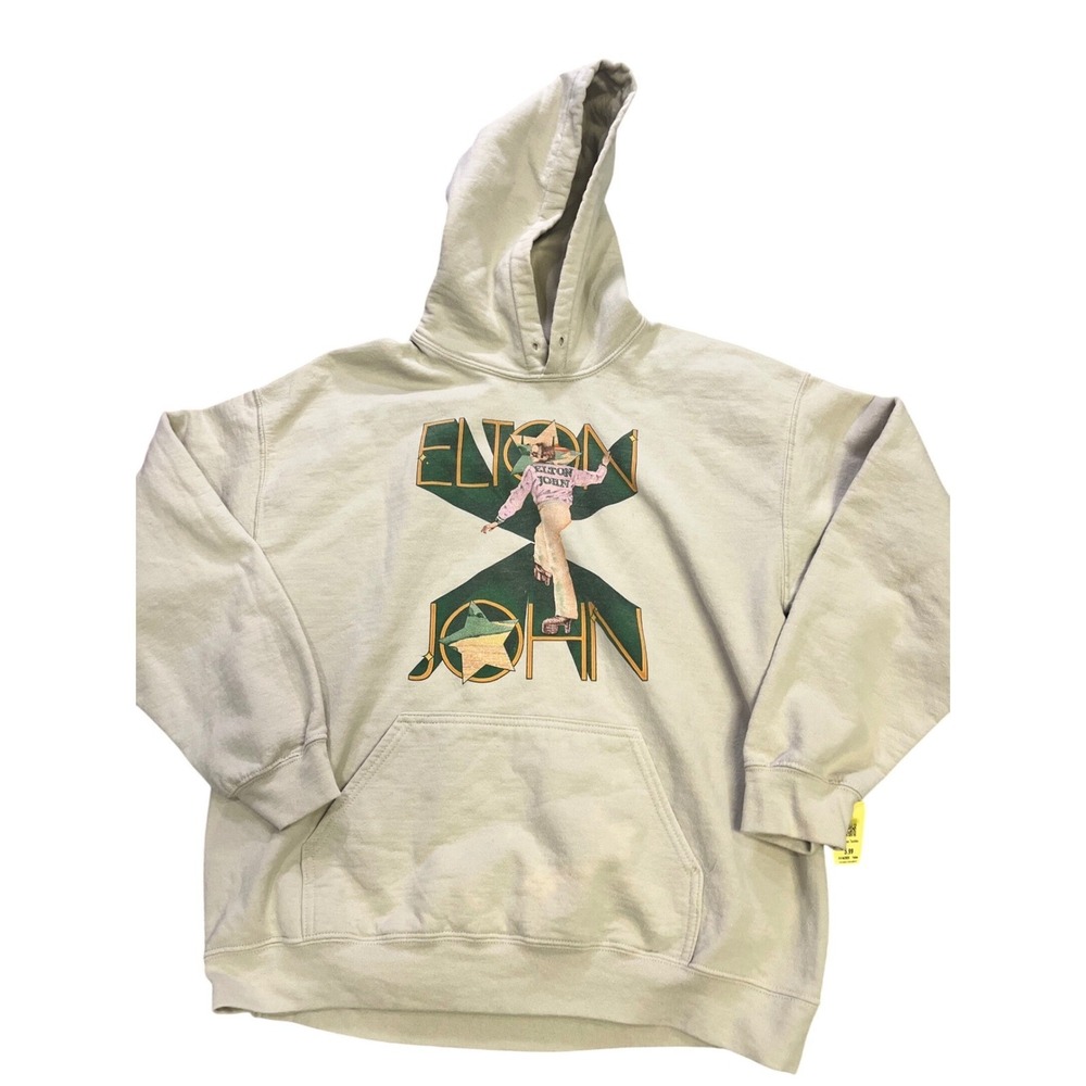 Elton John Farewell Yellow Brick‎ Road Tour Hoodie Beige Graphic Print Size L